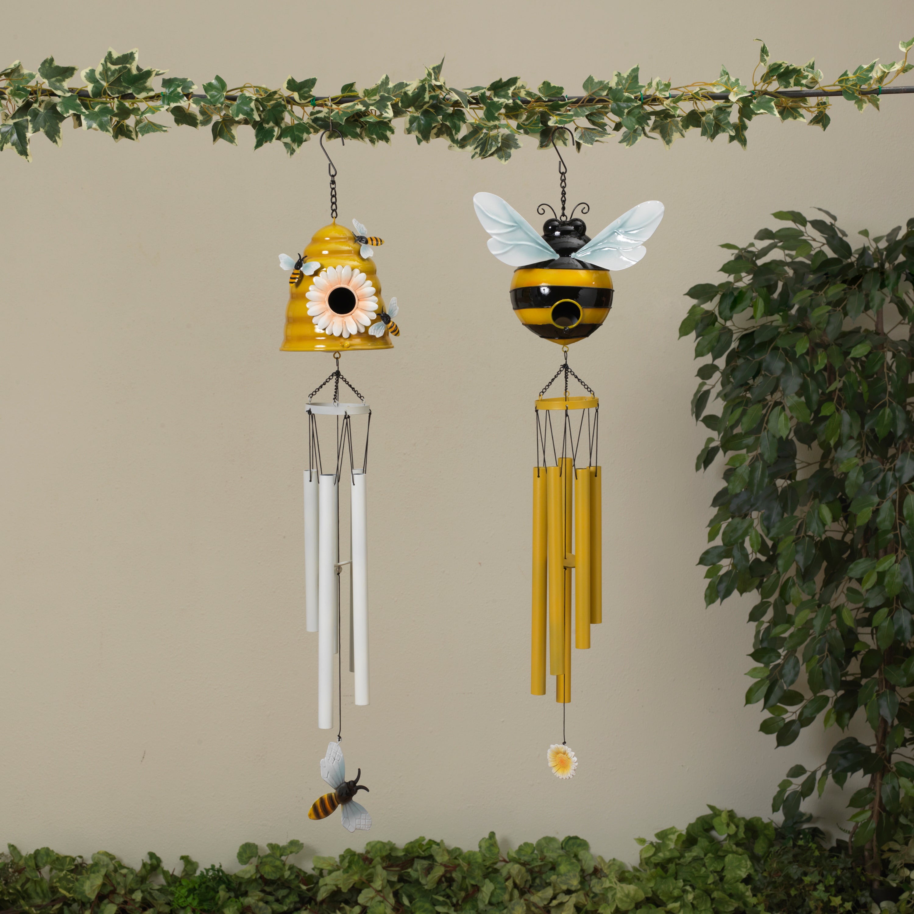 32.4 Inch Whimsical Metal Bee and Beehive Birdhouse Wind Chimes Set of 2